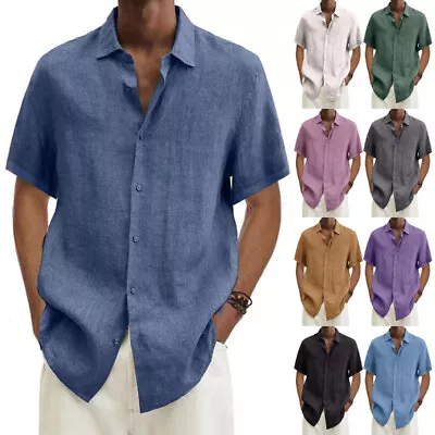 Mens Short Sleeve Linen Shirt Casual Baggy Button-up Lapel Hawaiian Holiday Tops • £10.99