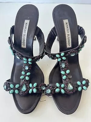 Manolo Blahnik Jeweled Strappy Heel Sandals Size 37.5 *Flaws • $85