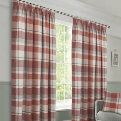 £57 • Buy Autumn Braemar Faux Wool Checked Lined Pair Of Pencil Pleat Curtains Free P&p
