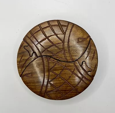 Carved Engraved Wooden Puzzle Box Trinket Box Jewelry Holder Fish Theme • $21.99