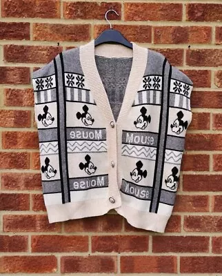 Mickey Mouse Grey Cardigan Jacket Check Stripe Disney Sleeveless Vest Knit L • $43.58