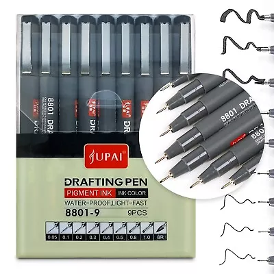 9 Black Fineliners Pens Fine Line Pen Fine Liner Drawing Black Pigment Ink Set • £6.99