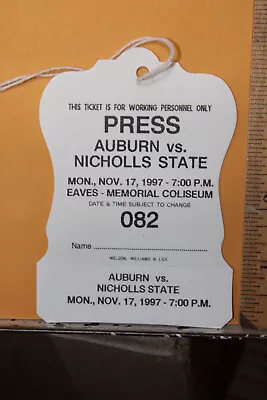 1997 Auburn University Vs Nicholls State Basketball Ticket Press Pass • $10