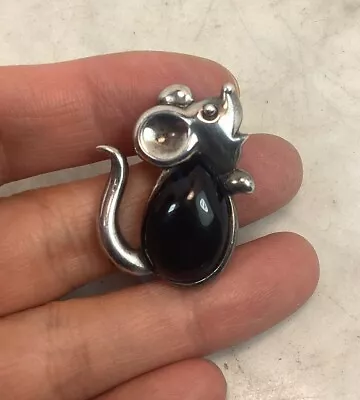 Vintage FB Signed Sterling Silver Onyx Mouse Rat Pin Brooch • $30