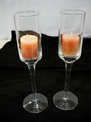 Pr 10  Tall Thin Stemmed Clear Glass Votive Candleholders-Coral Candles Included • $11.90