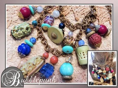 Unsigned Haskell Vintage Semiprecious Stone Glass Bead Dangle Bib Necklace • $395