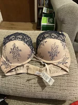 Marie Meili Bra Size 34C Beige Blue Lace Padded Plunge Lingerie See Description • £1.99