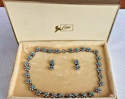 Vintage Coro Necklace & Earring Set Blue & Rhinestones  Flowers • $30