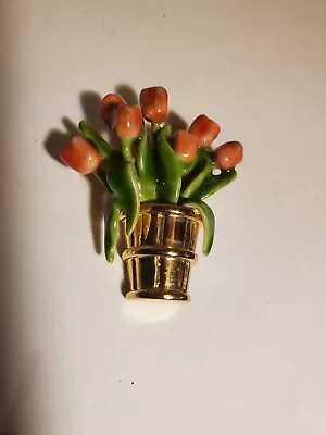 Vintage Anne Klein Ceramic Tulips In Pot Enamel Brooch  • $5.99