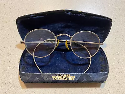 Nice Antique F.P. Crowe Greenfield Ohio BiFocal Wire Rim Eyeglasses & Case • $20