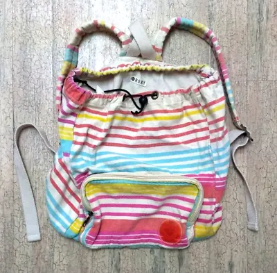 VINTAGE Y2K ROXY Full Size Drawstring Backpack Colorful Striped Bookbag • £16.14