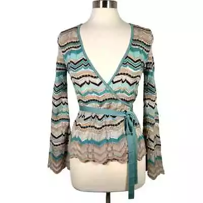 M Missoni Women's Wool Blend Zig Zag Knit Blouse Size US 4 Blue Tan Wrap Top • $89.99