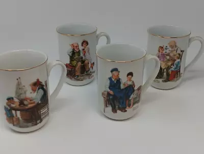 Norman Rockwell Museum Coffee Mugs Set Of 4 Vintage 1985 Cups White / Gold Trim • $5.99