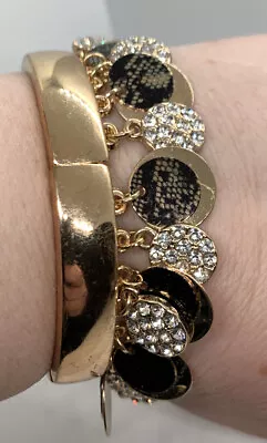 Gold Tone Crystal Stretch Bangle Bracelet W/ Dangle Drop Disk Charms From Macy's • $0.99