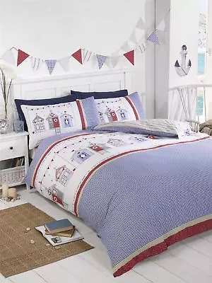 £16.99 • Buy Beach Hut Checked Blue Duvet Cover & Pillowcase Bedding Nautical Bed Sets 