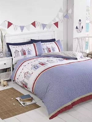 Beach Hut Checked Blue Duvet Cover & Pillowcase Bedding Nautical Bed Sets  • £16.99