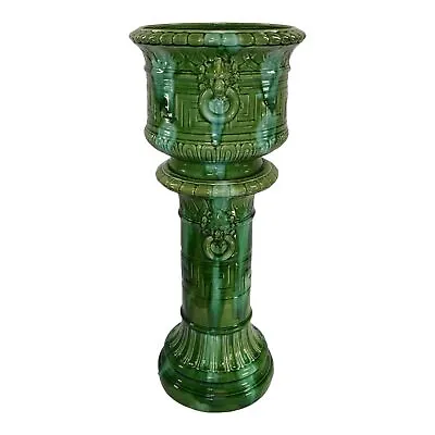 Brush McCoy Green Onyx Majolica 1914 Pottery Lion Head Jardiniere Pedestal 1160 • $849.64