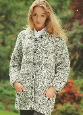 Easy Knit Ladies Chunky Long Jacket Knitting Pattern Pockets Collar 28-44  1378  • £2.09