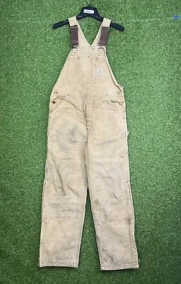 Mens Carhartt Overalls Lined Duck Bibs Size 36x32 R02 BRN Made In USA Union Made • $47.99