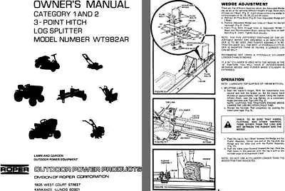 Roper Log Splitter Model WT9B2AR Owners Manual Category 1 & 2 3-Point Hitch Log • $10.95