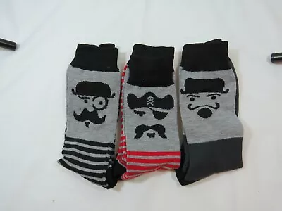 Men's 3 Pack  Mustache Print Crew Socks Gray Charcoal Striped Shoe Size 6-12 • $16.52