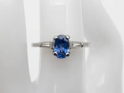 Vintage 1940s $4000 1.30ct Ceylon Blue Sapphire Diamond Platinum Wedding Ring • $850