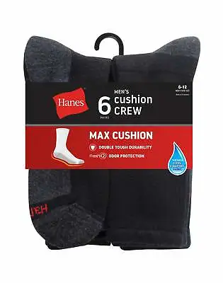 Hanes 6-Pack Crew Socks Mens Max Cushion  FreshIQ Wicking Cool ComfortBlend 6-12 • $18.18