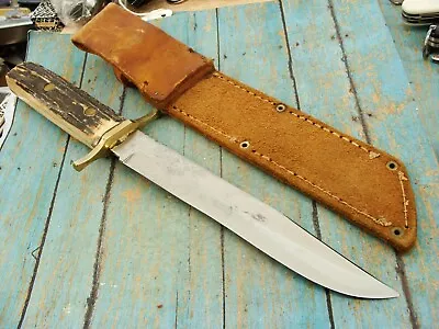 Big Antique Custom Mountain Man Stag Combat Bowie Knife & Sheath Hunting Knives • $225