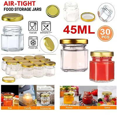 30PCS 45ml Glass Mini Honey Jars Airtight Preserve Bottles Jam Jar Pot With Lids • £10.15