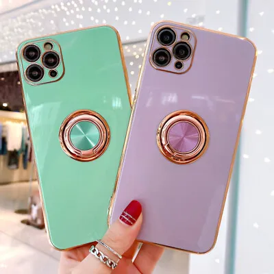 Plating Case For IPhone XR 12 13 14 Pro Max Magnetic Car Holder Ring Stand Cover • $9.89