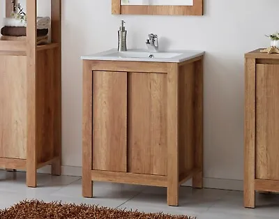 Bathroom Vanity Unit 600mm Freestanding 60cm Cabinet + Basin Classic Oak Effect • £259.95