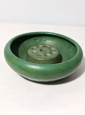 Vintage 1930s Zanesville Stoneware Matte Green Pottery Bowl And Flower Frog • $74.95