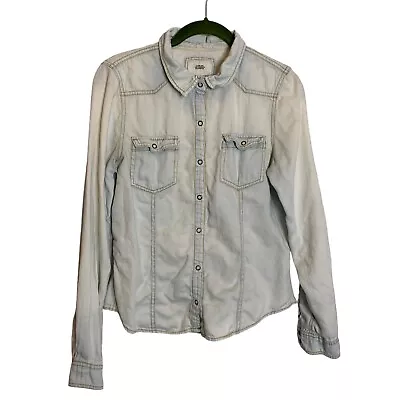 I Love H81 Shirt Womens Medium Chambray Shacket Snap Front Lightweight Pockets • $20.05