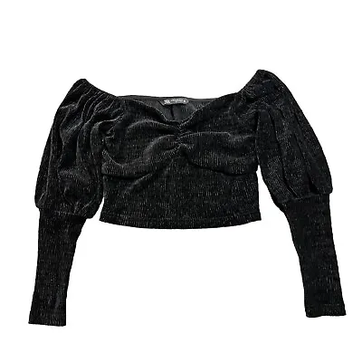 $22 • Buy Zara Black Velvet Puff Sleeve Bustier Crop Top XS