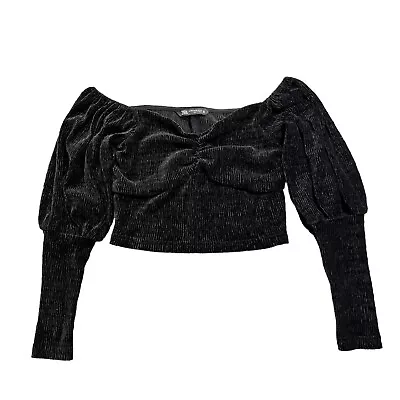 Zara Black Velvet Puff Sleeve Bustier Crop Top XS • $22