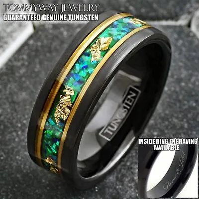 Personalized Engraved Black Tungsten Ring Green Opal 24K Gold Leaf Wedding Band • $41.99