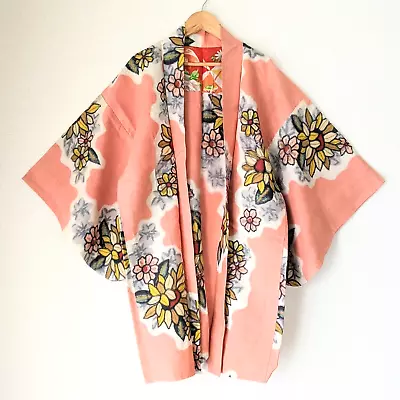 Japanese Vintage Haori Long MEISEN Salmon Pink Silk Kimono Gown Robe • $69