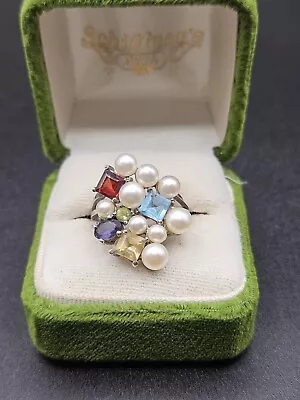 Sterling Silver .925 Pearl And Gemstone Ring Size 8 • £28.38