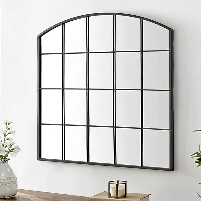 Black Metal Arch Window Wall Mirror With Glass Panes For Home Decor - 96 X 90 Cm • £79.95