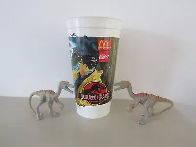 McDonalds Jurassic Park Dilophosaur JP3 Cup 1992 & 2 Velociraptor Figures 2000 • £22