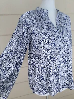 H&M Blue Floral Top Long Sleeve Oversize Size 2 / Small White Flower Print Shirt • $12