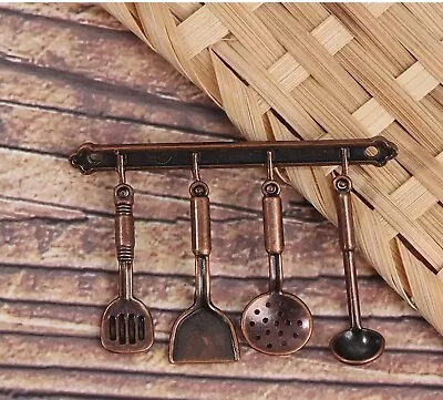 Doll House Miniature    Copper Look Utensils With Hanging Rack      ~ 1:12 Scale • $6.45