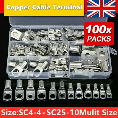 100Pcs Copper Tube Terminals Battery Welding Cable Lug Ring Crimp Connectors Kit • £9.98