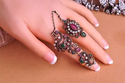 Vintage Turkish Antique Gold RedGreen Color Flower Resin Double Adjustable Rings • $21.45