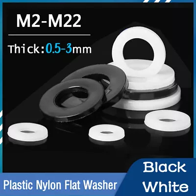 White / Black Plastic Nylon Flat Spacer Washer M2-M22 Rubber Insulation Gaskets • £2.34