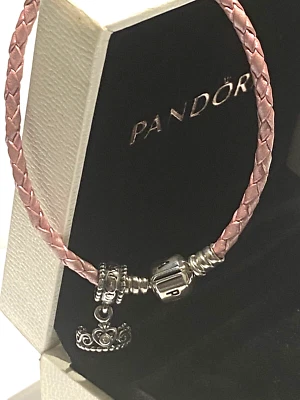 $49.99 • Buy PANDORA PINK WOVEN LEATHER BRACELET - 18.5cm  + MY PRINCESS TIARA CHARM 791117CZ