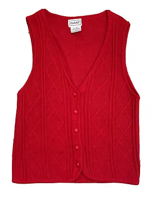 Women’s Medium Cardigan Sweater Vest Gant Red Linen Cotton Cable Knit Vintage • $18.95