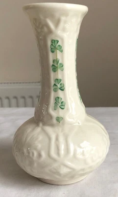 £4.99 • Buy Belleek Porcelain Decorative Spill Vase White Green Shamrocks Height 13.5cm