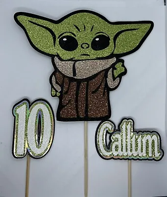 PERSONALISED Sparkly Glitter BABY YODA Cake Topper 3pc. Any Name Any Age • £11.50