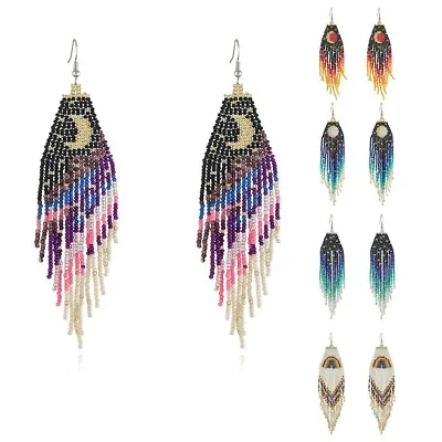 $4.24 • Buy Moon&Star Woven Long Dangle Earrings Bohemian Handmade Drop Earrings Multi Color